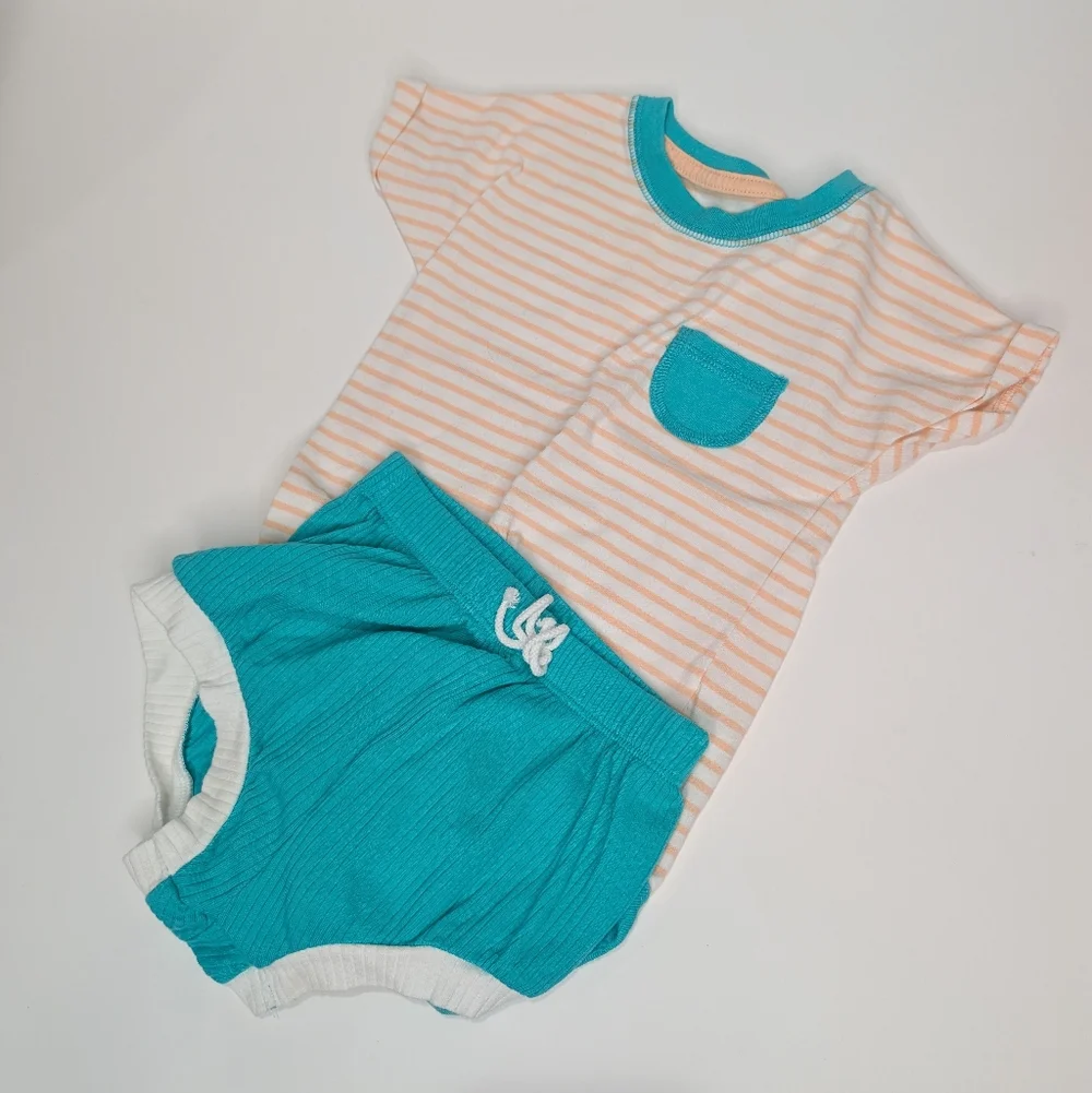 Cat & Jack Baby Summer Outfit Set | 12M | Teal Hot Pants, Striped Bodysuit & Bib
